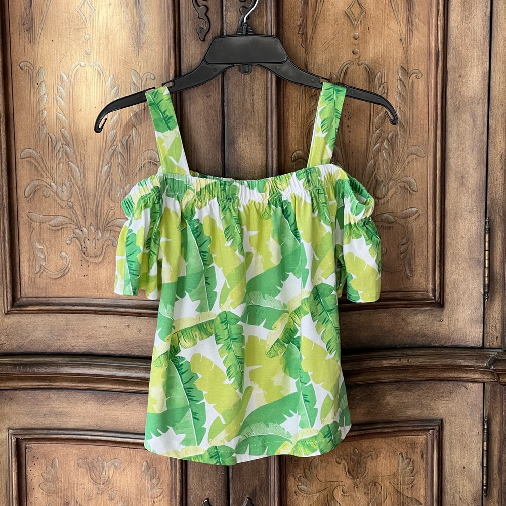 Zara Girls NWT White Green Leaf Print Off-Shoulder Tee Sz 10/11/12